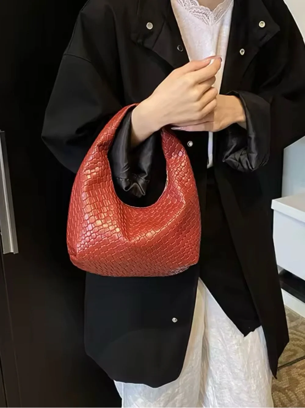 Woven Crescent Shoulder Bag in Rust